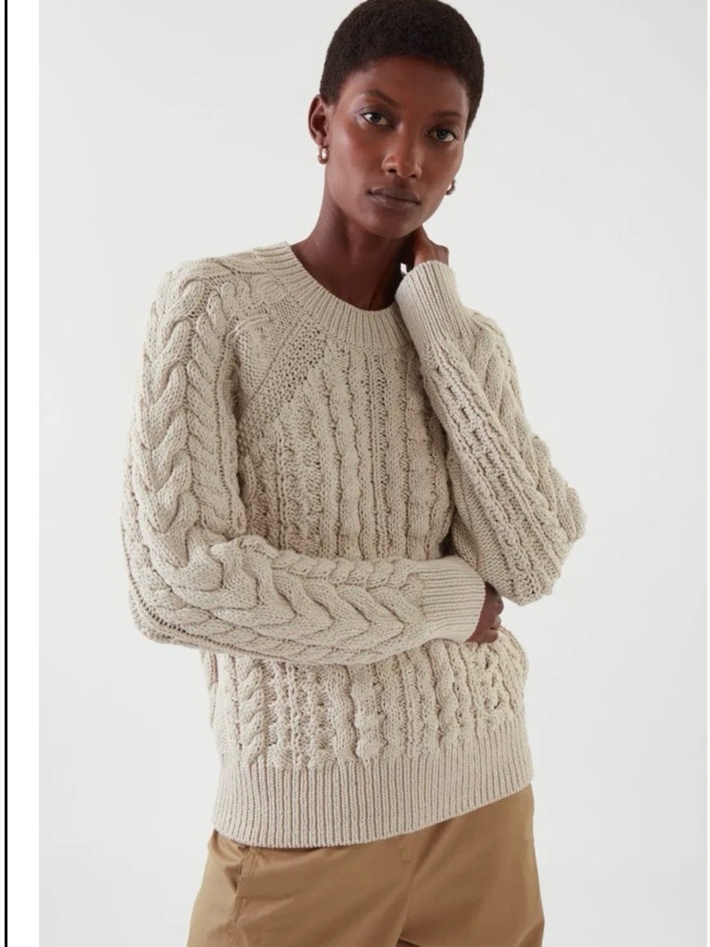 COS S Cable Knit oatmeal fisherman Aran coastal heavy nautical Crewneck Sweater